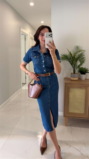 ZR Raws Mavi Önü Yırtmaç Detaylı Kısa Kol Denim Elbise