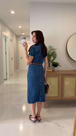 ZR Raws Mavi Önü Yırtmaç Detaylı Kısa Kol Denim Elbise