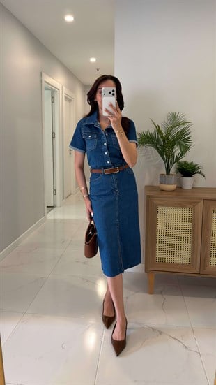 ZR Raws Mavi Önü Yırtmaç Detaylı Kısa Kol Denim Elbise