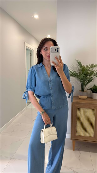 ZR Sivia Mavi Kolları Bağlama Detaylı Denim Gömlek