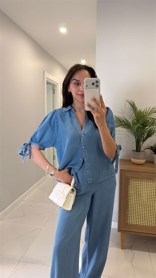ZR Sivia Mavi Kolları Bağlama Detaylı Denim Gömlek