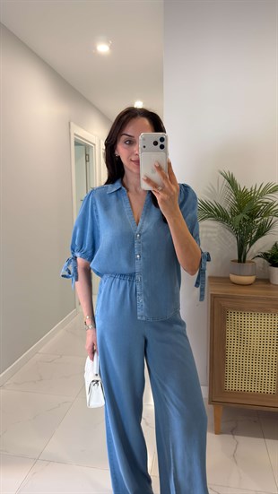 ZR Sivia Mavi Kolları Bağlama Detaylı Denim Gömlek