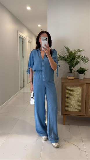 ZR Sivia Mavi Kolları Bağlama Detaylı Denim Gömlek