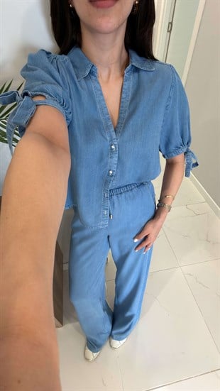 ZR Sivia Mavi Kolları Bağlama Detaylı Denim Gömlek