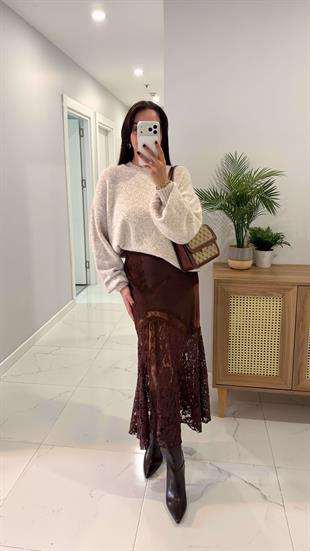 ZR Sora Kahve Saten Dantel Detaylı Etek