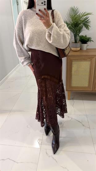 ZR Sora Kahve Saten Dantel Detaylı Etek