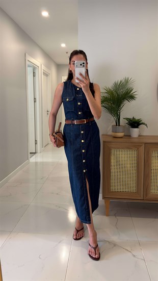 ZR Tores Lacivert Cep Detaylı Kolsuz Denim Elbise