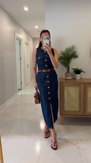 ZR Tores Lacivert Cep Detaylı Kolsuz Denim Elbise