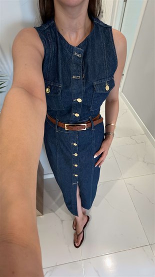 ZR Tores Lacivert Cep Detaylı Kolsuz Denim Elbise