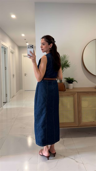 ZR Tores Lacivert Cep Detaylı Kolsuz Denim Elbise