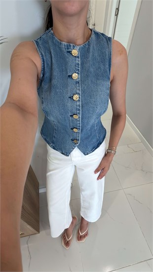ZR Venilsa Mavi Gold Düğmeli Denim Yelek