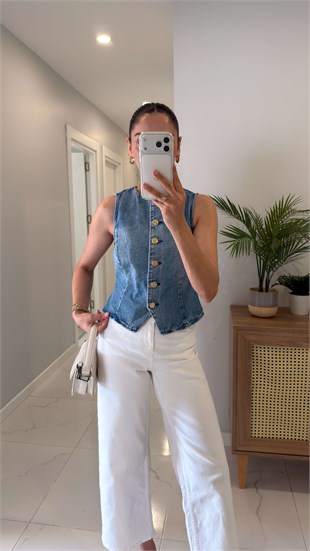 ZR Venilsa Mavi Gold Düğmeli Denim Yelek