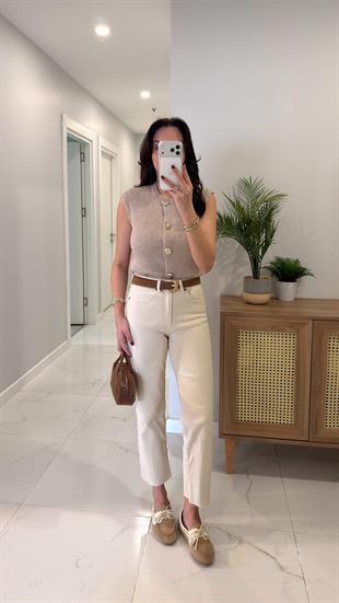ZR Wita Bej Kesik Paça Boy Fit Jean