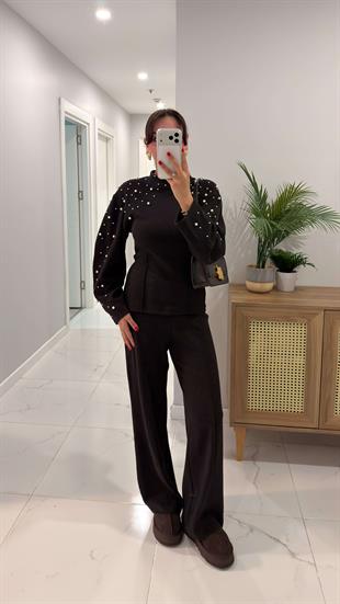 ZR Wuss Acı Kahve İnci Detaylı Triko Pantolon Takım