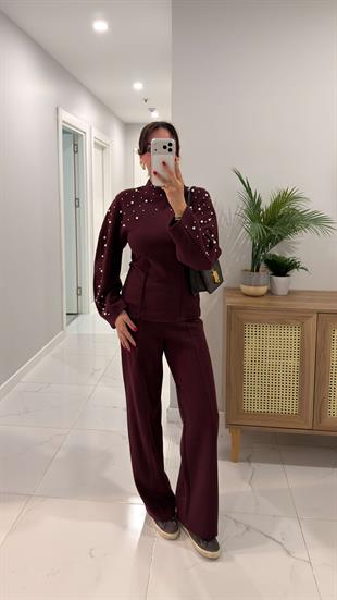 ZR Wuss Bordo İnci Detaylı Triko Pantolon Takım