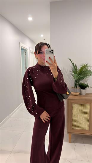 ZR Wuss Bordo İnci Detaylı Triko Pantolon Takım