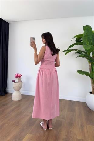 ZR Yerta Pembe Beyaz Pötikare Maxi Boy Elbise