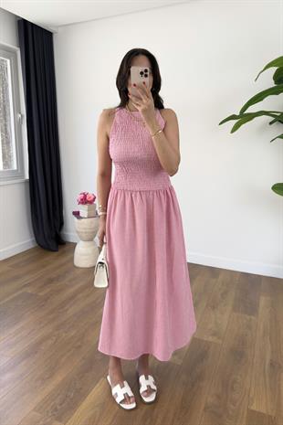 ZR Yerta Pembe Beyaz Pötikare Maxi Boy Elbise