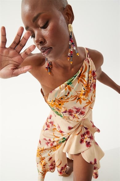 Daisy Krem Desenli Elbise