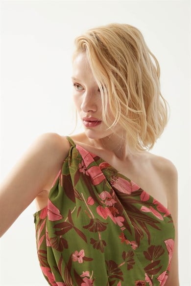 Martina Yeşil Desenli Mini Elbise