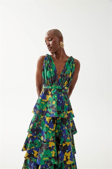 Melania Yeşil Desenli Elbise