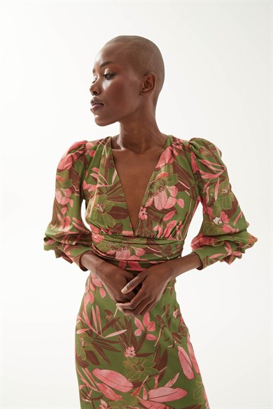 Roma Desenli Yeşil Elbise