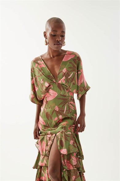 Swan Desenli Yeşil Elbise