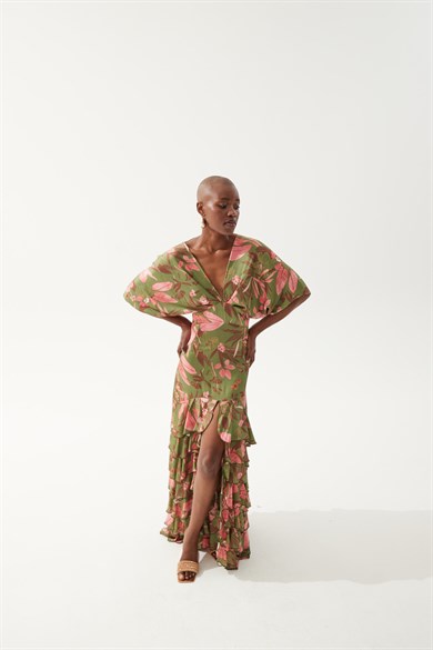 Swan Desenli Yeşil Elbise