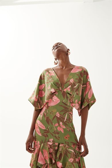 Swan Desenli Yeşil Elbise