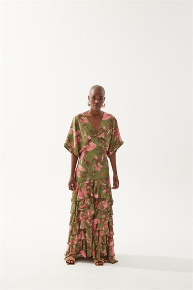 Swan Desenli Yeşil Elbise