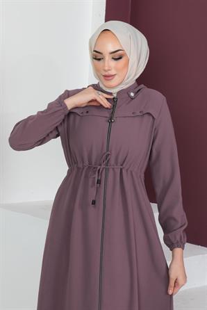 8023 Bel Büzgülü Tesettür Ferace Lila