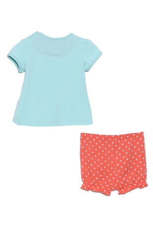 طفل-بناتي Mint color Printed Shoulder Button T-Shirt and Polka Dot Shorts Suit | Kt 617968