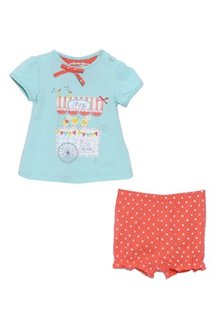 طفل-بناتي Mint color Printed Shoulder Button T-Shirt and Polka Dot Shorts Suit | Kt 617968