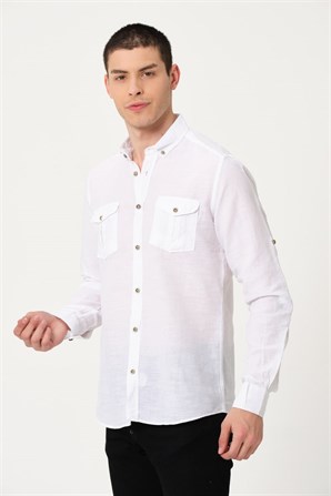 Erkek Beyaz Comfort Fit Düğmeli Yaka Cepli %100 Pamuk Flamlı Casual Gömlek - EGB CASCO | Silversun