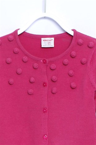 Fuchsia color Pompom Front Buttoned Knitwear Cardigan |T 110137