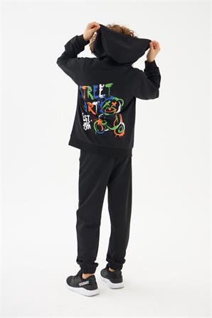 Genç Erkek Siyah Kapüşonlu Ön ve Arkası Baskılı Sweatshırt - JS 319280 |Silversun