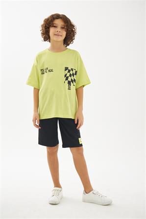 Genç Erkek Siyah Yeşil Bağcıklı Örme Şort- SC 319329 |Silversun