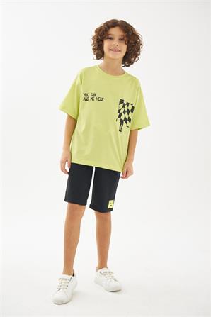 Genç Erkek Siyah Yeşil Bağcıklı Örme Şort- SC 319329 |Silversun