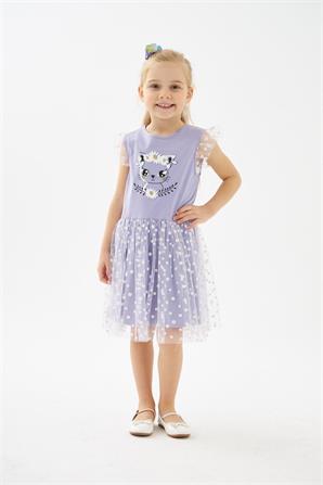 Kız Çocuk Lila Baskılı Papatya Desenli Elbise - EK 219192 |Silversun