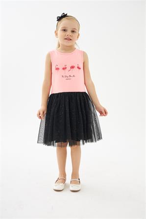 Kız Çocuk Oranj Baskılı Tüllü Elbise - EK 219199 |Silversun