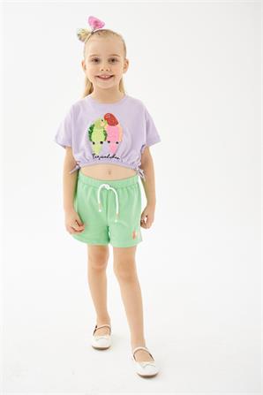 Kız Çocuk Yeşil Belden Lastikli Nakışlı Örme Şort - SC 219274 |Silversun