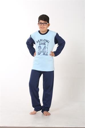 Moda Çizgi Erkek Çocuk Buz Mavisi Penye Pijama Takım 4508