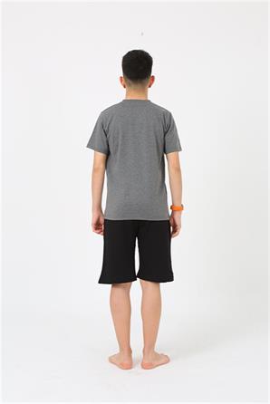 Moda Çizgi Erkek Genç Garson Boy Kısa Kol Antrasit Penye Şortlu Pijama Takımı 20377
