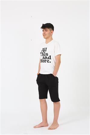 Moda Çizgi Erkek Genç Garson Boy Kısa Kol Ekru Penye Şortlu Pijama Takımı 20377