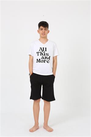 Moda Çizgi Erkek Genç Garson Boy Kısa Kol Beyaz Penye Şortlu Pijama Takımı 20377