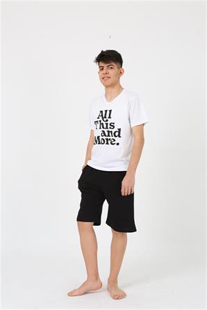 Moda Çizgi Erkek Genç Garson Boy Kısa Kol Beyaz Penye Şortlu Pijama Takımı 20377