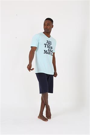 Moda Çizgi Erkek Kısa Kol Su Yeşili Penye Şortlu Pijama Takımı 20372