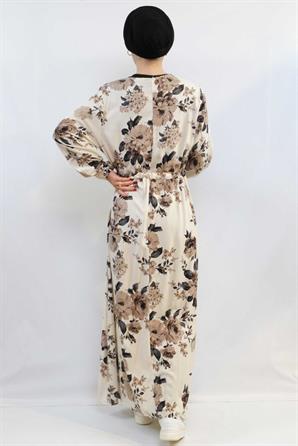 Moda Çizgi Gül Desenli Elbise MC4101 Bej