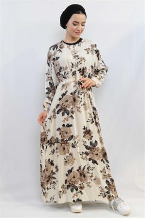 Moda Çizgi Gül Desenli Elbise MC4101 Bej