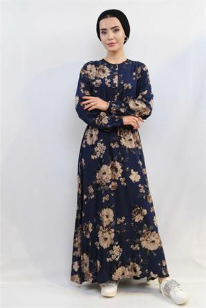 Moda Çizgi Gül Desenli Elbise MC4101 Lacivert